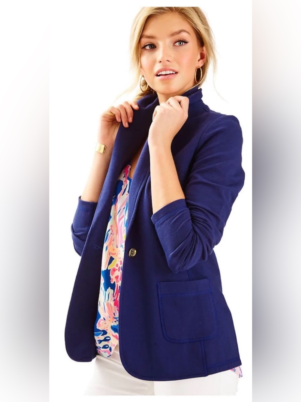 Lilly Pulitzer Navy Knit Shawl Collar Blazer Cotton Blend Size Large